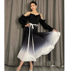 Black with white lace riboon gradient ballroom dance dresses for women girls hollow shoulder long sleeves tango waltz foxtrot smooth dance long gown for lady
